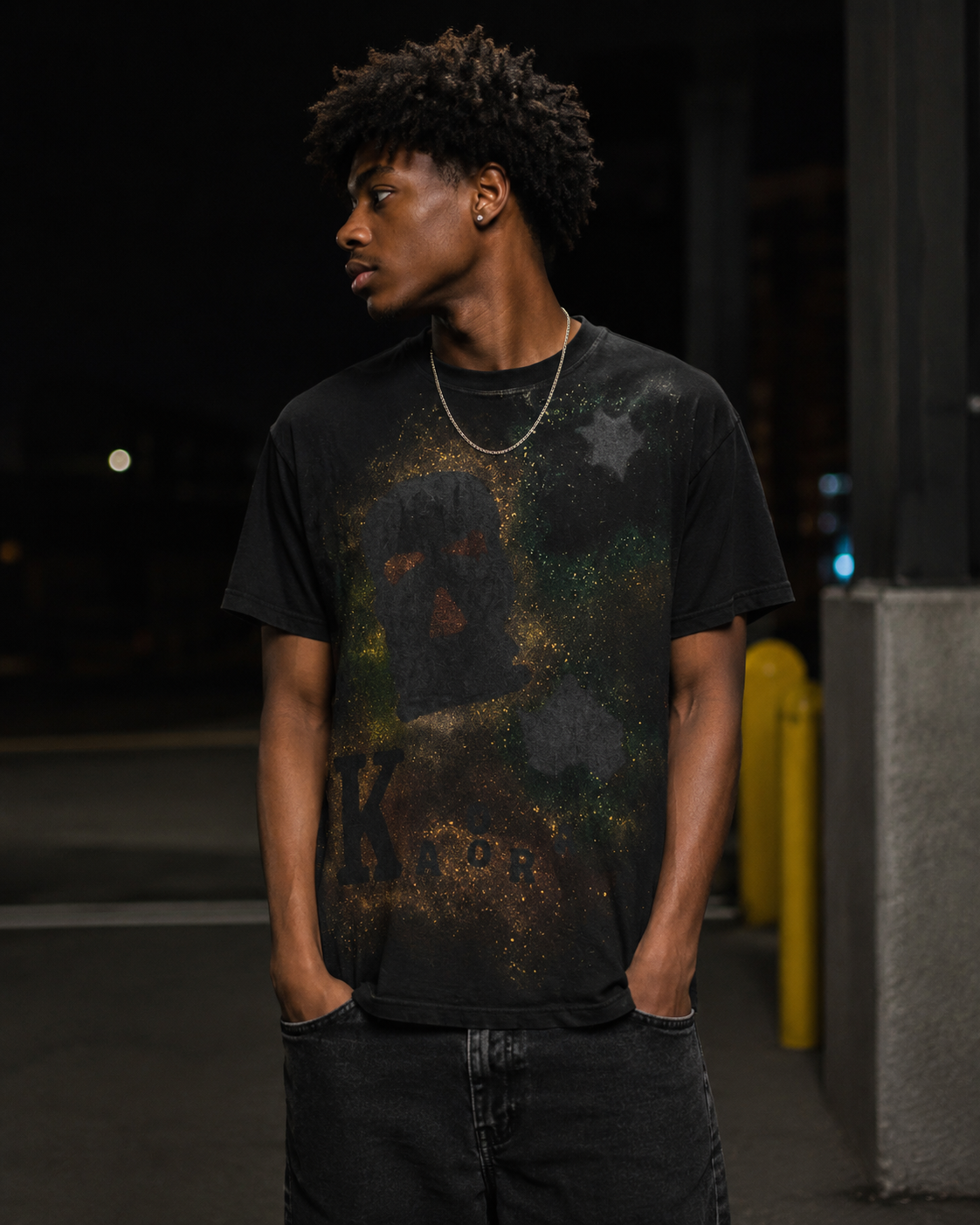 Model wearing KAORA night logo tee