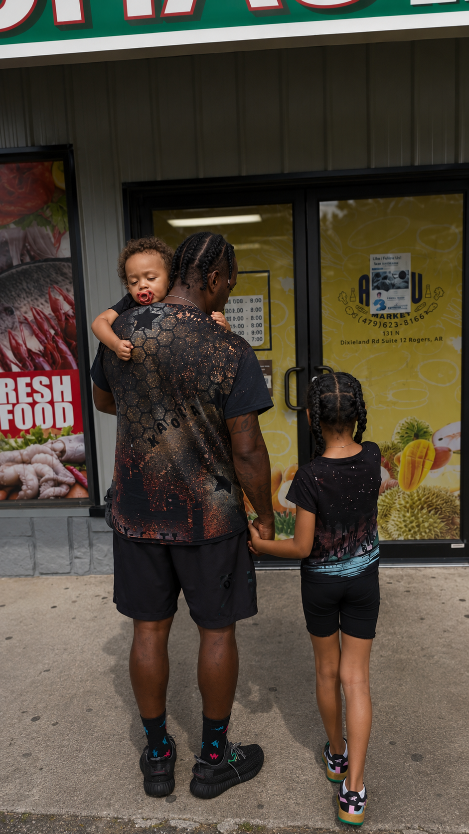 Man in KAORA tee holding a child