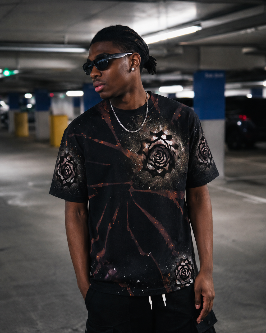 Model wearing hand-painted KAORA rose galaxy tee